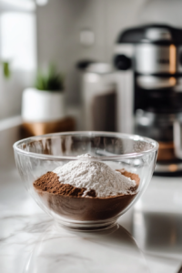 A glass mixing bowl on a white marble cooktop, filled with sugar, flour, cocoa powder, espresso powder, and baking powder. A wooden whisk rests on the side, ready to combine the dry ingredients.