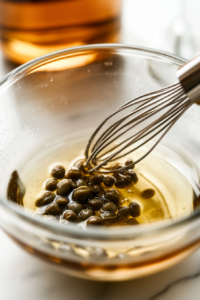 Close-up shot of a glass mixing bowl on the white marble cooktop, filled with cider vinegar, canola oil, capers with their juices, celery seeds, sugar, salt, and a splash of Tabasco. A whisk rests inside, ready to combine the ingredients into a tangy marinade