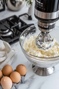 A mixing bowl with smooth cream cheese, sugar, and vanilla being beaten with an electric mixer, forming a creamy, lump-free consistency.