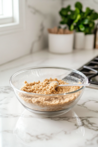 Close-up shot of a white marble cooktop with vanilla wafer crumbs, melted butter, and sugar being mixed in a glass bowl. The mixture is pressed evenly into the bottom of the springform pan, ready for baking