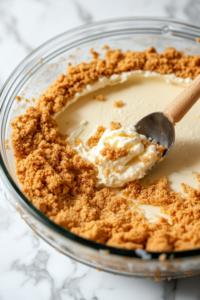 Close-up shot of a glass mixing bowl on the white marble cooktop, filled with golden graham cracker crumbs and melted butter. A spatula mixes the crumbs until fully coated, ready to be pressed into the crust.