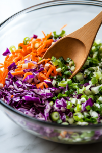 A close-up shot of a large glass mixing bowl placed on a white marble cooktop, filled with the chopped green and red cabbage, shredded carrot, and chopped green onions. A wooden spoon rests partially submerged in the colorful mixture, ready to stir.