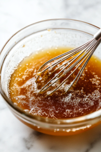 A close-up shot of a glass mixing bowl on the white marble cooktop, filled with brown sugar, pure maple syrup, and pineapple juice. A whisk stirs the thick, golden glaze, blending the ingredients into a smooth, flavorful mixture that will coat the ham.
