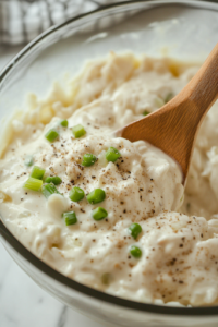 A glass mixing bowl on a white marble cooktop, filled with cream of chicken soup, sour cream, celery salt, garlic powder, onion powder, salt, and pepper. A wooden spoon is stirring the ingredients into a smooth and creamy mixture, forming the flavorful base of the casserole.