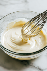 A small glass bowl on a white marble cooktop, filled with condensed cream of chicken soup and milk. A whisk is seen blending the ingredients into a smooth, creamy mixture for the dish.