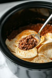 A glass mixing bowl on a white marble cooktop filled with chunky salsa, cream of mushroom soup, and cream of chicken soup. A spoon stirs the ingredients together, creating a smooth and creamy sauce with visible chunks of salsa.