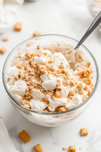 Mixing bowl with graham cracker crumbs, melted butter, and sugar being combined with a spoon.