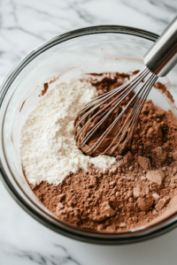 A close-up shot of a large glass mixing bowl on the white marble cooktop, filled with granulated sugar, all-purpose flour, cocoa powder, baking powder, baking soda, and salt. A metal whisk is blending the dry ingredients thoroughly to ensure even distribution.