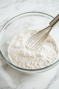 A close-up shot of a large glass mixing bowl on the white marble cooktop, filled with white whole wheat flour, cornstarch, baking soda, baking powder, and salt. A whisk is partially submerged in the dry ingredients, ready to blend them together for an even texture.