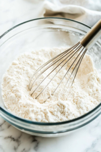 A close-up shot of a glass mixing bowl on a white marble cooktop, filled with all-purpose flour, baking soda, and coarse salt. A metal whisk is inside the bowl, blending the dry ingredients evenly to ensure a smooth and consistent texture for the cookie dough.