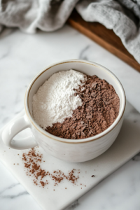 A white ceramic mug on a white marble cooktop, filled with all-purpose flour, white sugar, unsweetened cocoa powder, baking soda, and salt. A small whisk rests inside, ready to mix the dry ingredients.
