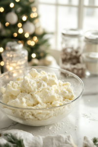 A glass mixing bowl on a white marble cooktop, now with all-purpose flour and salt gradually being mixed into the creamed butter and sugar. The dough begins to form into a soft, crumbly texture