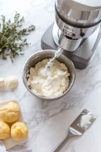 A mixing bowl with beaten butter and sugar, as egg, strawberry extract, champagne extract, and vanilla extract are added for flavor.