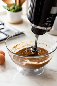 A close-up shot of the same glass mixing bowl on the white marble cooktop, now containing eggs and vanilla extract. A hand mixer is actively blending the ingredients, creating a smooth and well-combined batter as the wet ingredients fully incorporate.