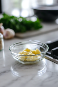 A close-up shot of a small glass bowl on the white marble cooktop, filled with melted butter and freshly minced garlic. A spoon is stirring the mixture, blending the ingredients together while releasing a rich, aromatic fragrance.