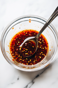 A glass mixing bowl on a white marble cooktop, with a spoon stirring together low-sodium soy sauce, honey, tomato paste, chili paste, minced garlic, and rice vinegar. The thick, deep reddish-brown sauce has a glossy sheen, ready to coat the chicken.