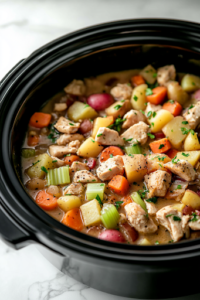 A close-up shot of the black slow cooker on the white marble cooktop, now fully mixed with ingredients coated in the rich, seasoned cream sauce. The lid is placed on, and the slow cooker begins its slow-cooking process, melding the flavors together.