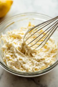 A close-up shot of a small glass bowl on a white marble cooktop, containing mayonnaise, lemon juice, Dijon mustard, and horseradish cream. A metal whisk is mid-motion, blending the ingredients together to form the creamy keto coleslaw dressing.
