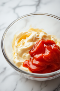 A glass mixing bowl on a white marble cooktop, with a spoonful of creamy mayo and sugar-free ketchup being added, creating the rich and tangy base for the keto Thousand Island dressing.