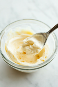 A small glass mixing bowl on a white marble cooktop, as a spoon stirs smooth mayonnaise with granulated sugar. The creamy dressing is being prepared to spread over the layered salad.