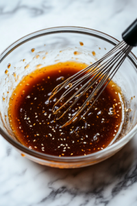 A glass mixing bowl on a white marble cooktop with a whisk stirring together orange marmalade, soy sauce, rice wine vinegar, sesame oil, ground ginger, and garlic powder. The sauce appears thick, glossy, and rich in color, ready to infuse the chicken with bold flavors.