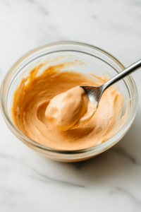 A small glass bowl on a white marble cooktop, with mayonnaise and salsa being mixed together using a spoon. The creamy mixture has a smooth texture and a light pink hue, ready to be spread on the sandwich bread.