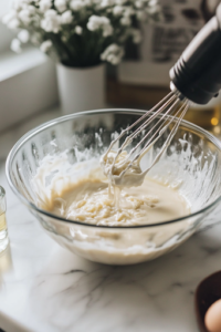 A close-up shot of the same glass mixing bowl on the white marble cooktop, now containing eggs, buttermilk, oil, and vanilla extract. A hand mixer is blending everything into a thick, rich chocolate batter with a smooth consistency.