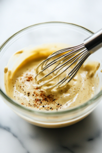 A close-up shot of a glass mixing bowl on a white marble cooktop, containing a smooth mixture of creamy mayonnaise, Dijon mustard, and a sprinkle of garlic powder. A whisk is in mid-motion, blending the ingredients into a velvety dressing.