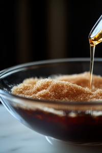 "A mixing bowl with vegetable oil, granulated sugar, brown sugar, eggs, and vanilla extract being whisked together until smooth."