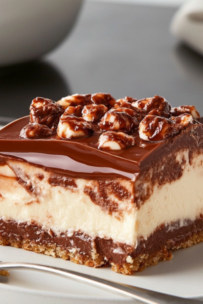 A fully glazed Nutella cheesecake on a serving plate, ready to be sliced and enjoyed
