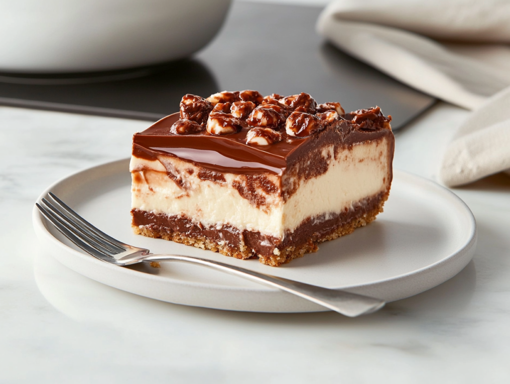 A fully glazed Nutella cheesecake on a serving plate, ready to be sliced and enjoyed