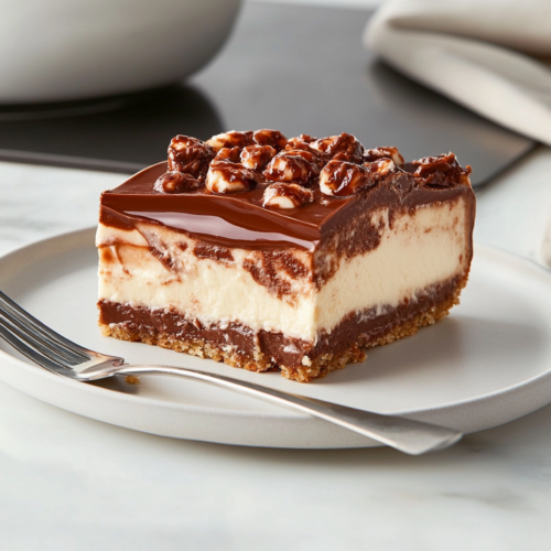 A fully glazed Nutella cheesecake on a serving plate, ready to be sliced and enjoyed