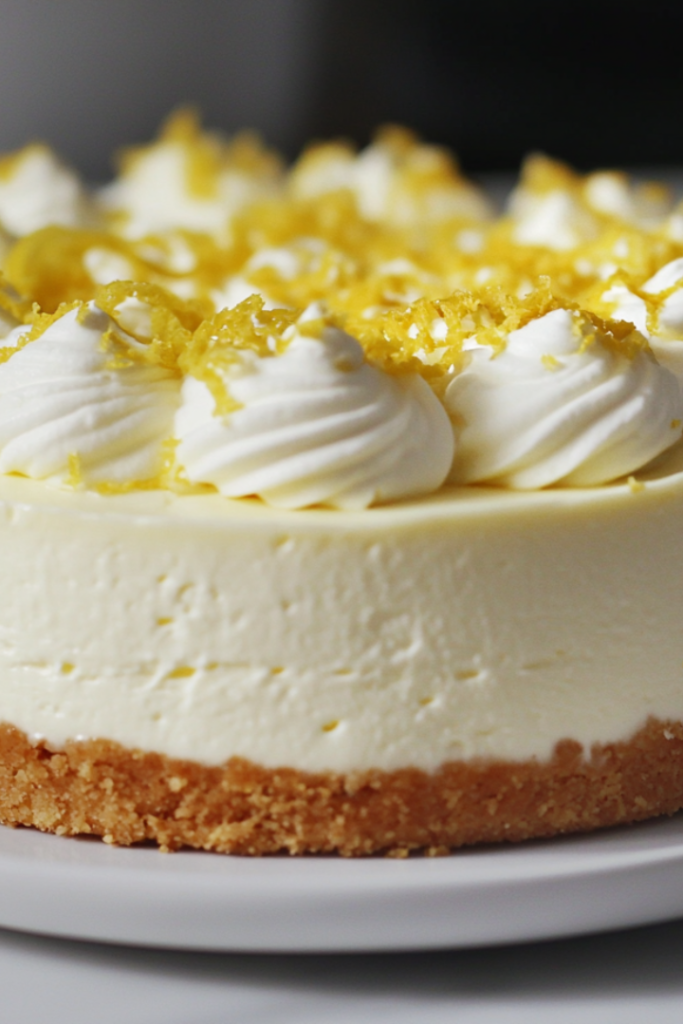 Close-up shot of a slice of the chilled no-bake lemon cheesecake on a white plate, topped with fresh whipped cream and a sprinkle of lemon zest. The creamy layers and firm crust are perfectly set.