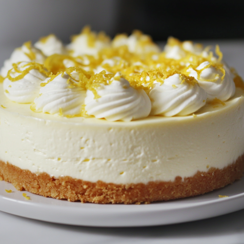 Close-up shot of a slice of the chilled no-bake lemon cheesecake on a white plate, topped with fresh whipped cream and a sprinkle of lemon zest. The creamy layers and firm crust are perfectly set.