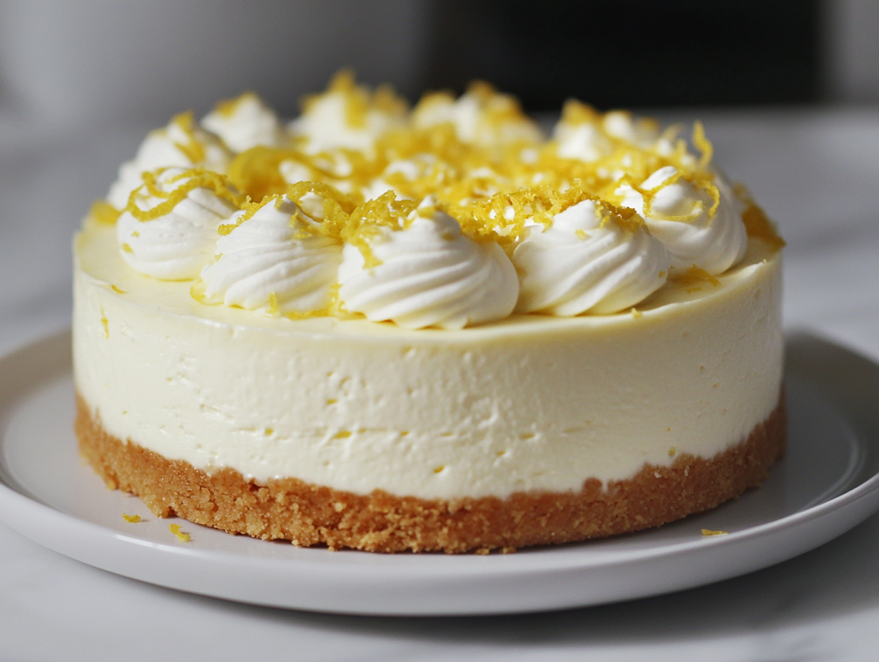 Close-up shot of a slice of the chilled no-bake lemon cheesecake on a white plate, topped with fresh whipped cream and a sprinkle of lemon zest. The creamy layers and firm crust are perfectly set.