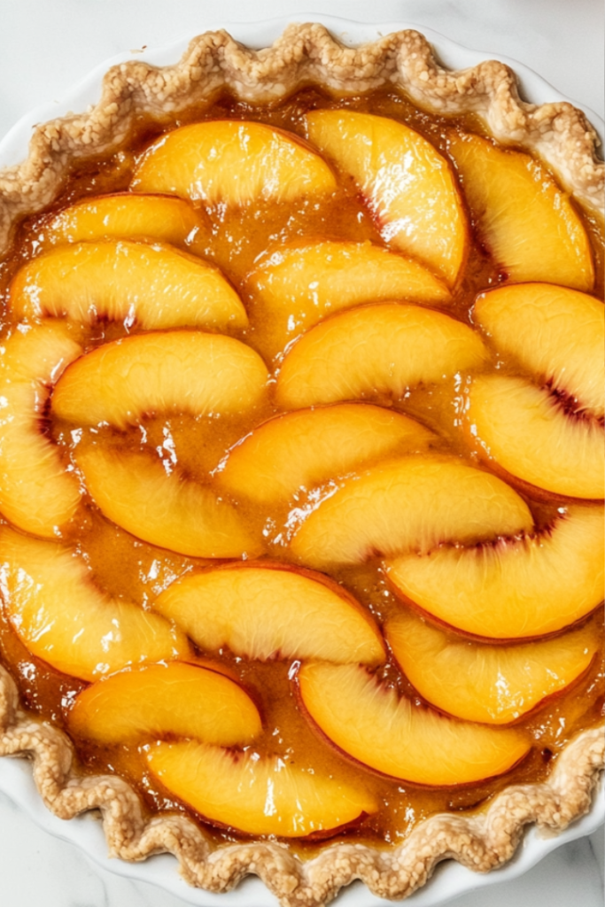 Close-up shot of a fully chilled peach pie, sliced and ready to serve. The glossy peach topping glistens under soft lighting, and a fork rests on the plate beside a slice