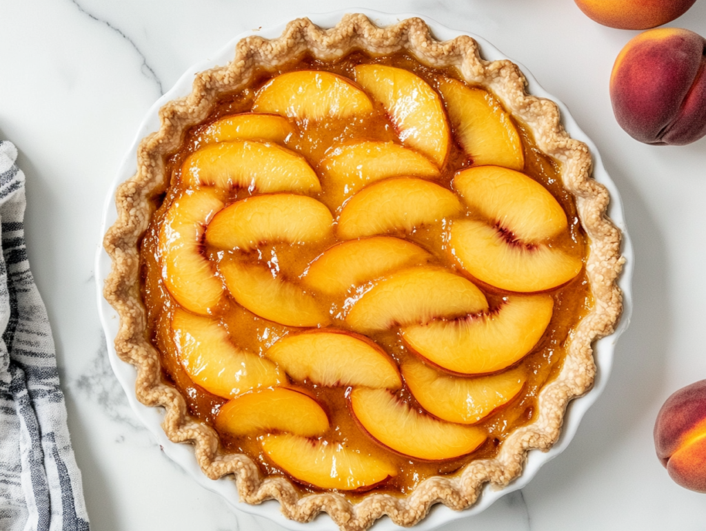 Close-up shot of a fully chilled peach pie, sliced and ready to serve. The glossy peach topping glistens under soft lighting, and a fork rests on the plate beside a slice
