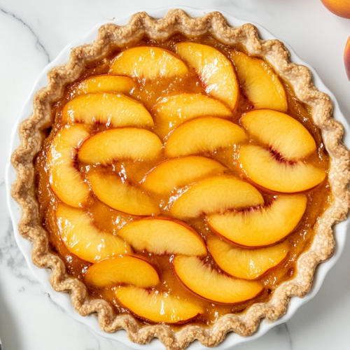 Close-up shot of a fully chilled peach pie, sliced and ready to serve. The glossy peach topping glistens under soft lighting, and a fork rests on the plate beside a slice