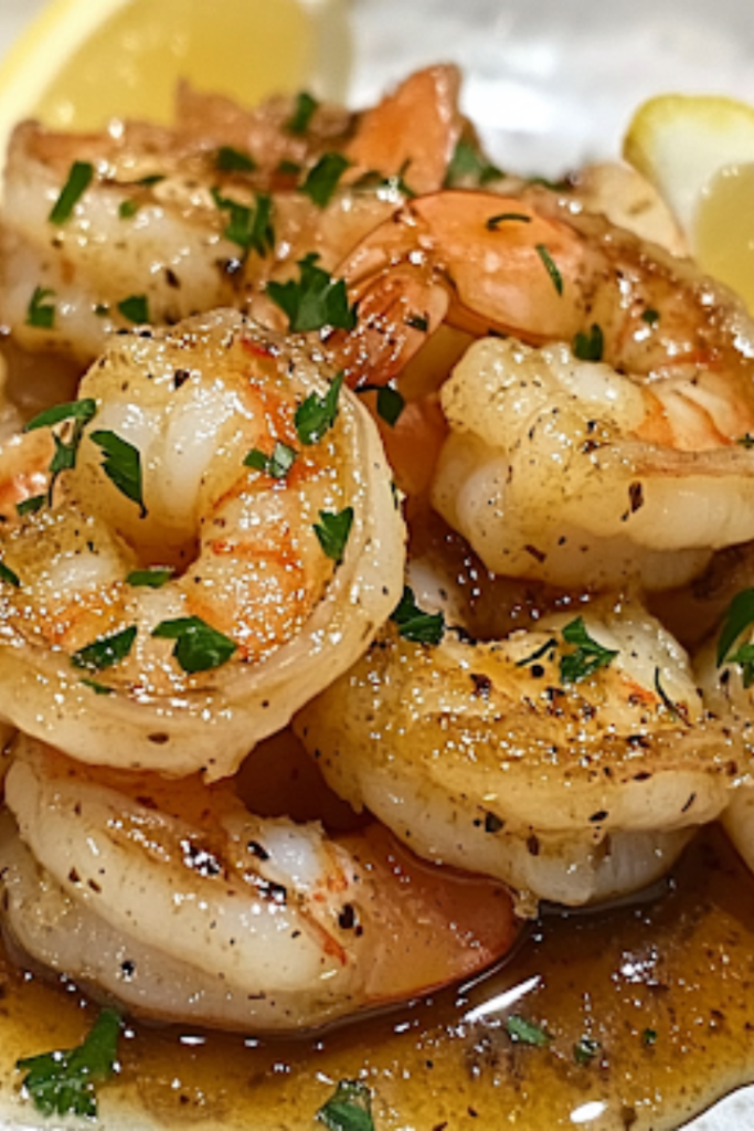 A close-up shot of a serving plate over the white marble cooktop, filled with sugar-free honey butter shrimp, garnished with fresh herbs and lemon wedges. The shrimp are glistening in the rich, caramelized sauce, ready to be enjoyed.