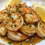A close-up shot of a serving plate over the white marble cooktop, filled with sugar-free honey butter shrimp, garnished with fresh herbs and lemon wedges. The shrimp are glistening in the rich, caramelized sauce, ready to be enjoyed.