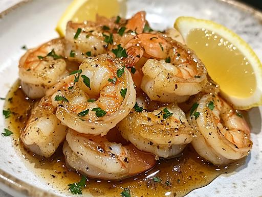 A close-up shot of a serving plate over the white marble cooktop, filled with sugar-free honey butter shrimp, garnished with fresh herbs and lemon wedges. The shrimp are glistening in the rich, caramelized sauce, ready to be enjoyed.