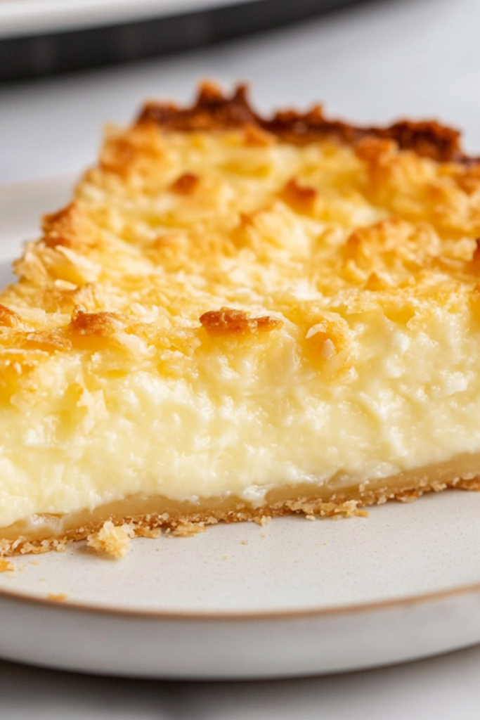 Close-up shot of a slice of coconut custard pie on a plate, with a creamy, golden custard texture. The slice sits on the white marble cooktop with a fork ready to take a bite.