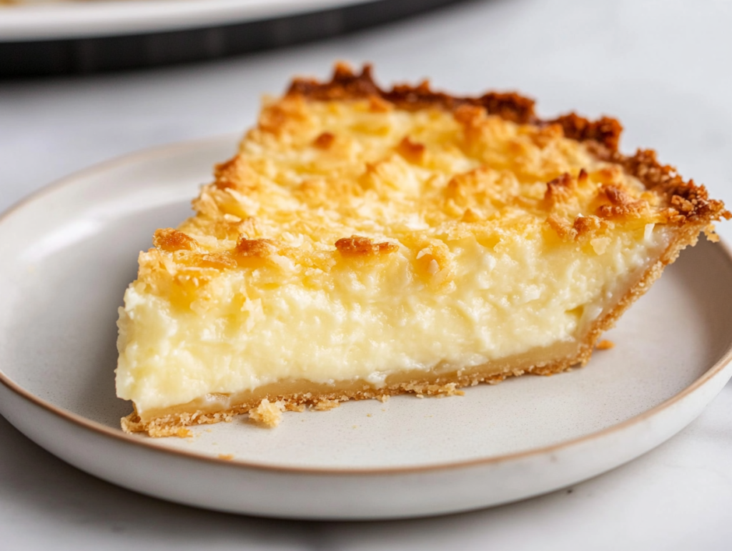 Close-up shot of a slice of coconut custard pie on a plate, with a creamy, golden custard texture. The slice sits on the white marble cooktop with a fork ready to take a bite.