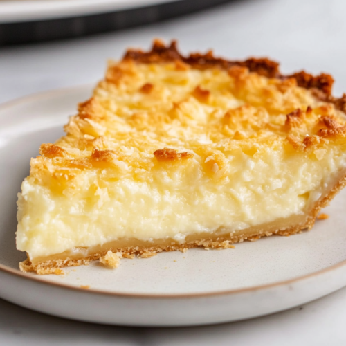 Close-up shot of a slice of coconut custard pie on a plate, with a creamy, golden custard texture. The slice sits on the white marble cooktop with a fork ready to take a bite.