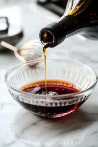 A close-up shot of a glass mixing bowl on a white marble cooktop, with golden extra-virgin olive oil and deep red wine vinegar being poured in. A small whisk rests on the side, ready to combine the ingredients into a flavorful vinaigrette.