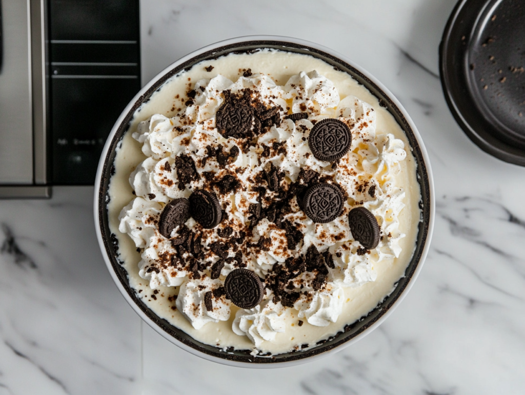 The chilled Oreo cheesecake topped with piped whipped cream, additional crushed Oreos, and a drizzle of hot fudge.
