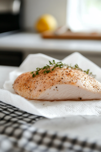 A close-up of a white paper towel gently patting dry a raw turkey breast on a white marble cooktop. The turkey breast is being prepped for seasoning, ensuring a crisp and flavorful exterior after slow cooking.