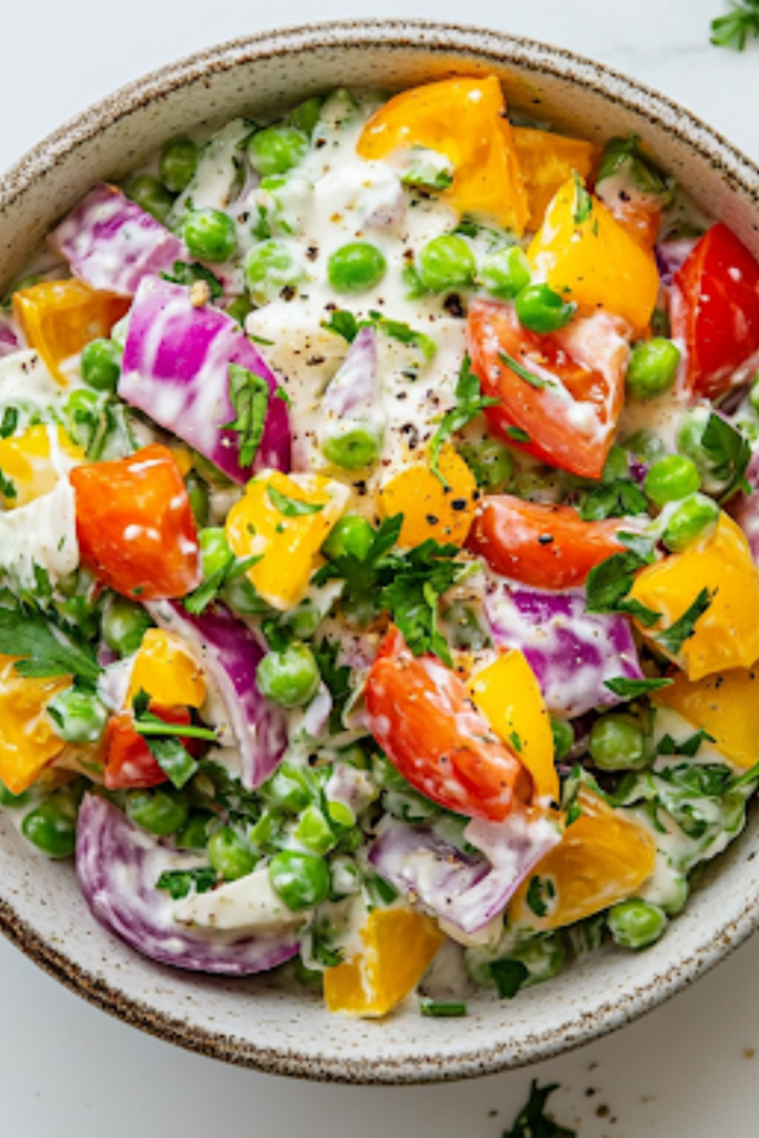 The final plated shot of the creamy low-carb pea salad served in a rustic ceramic bowl on a white marble countertop. A fork rests beside the dish, and the background is softly blurred to highlight the fresh, colorful salad.