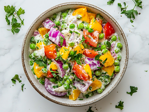 The final plated shot of the creamy low-carb pea salad served in a rustic ceramic bowl on a white marble countertop. A fork rests beside the dish, and the background is softly blurred to highlight the fresh, colorful salad.