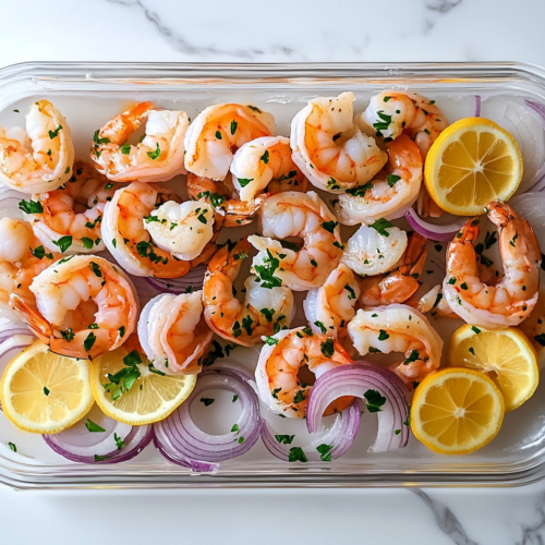 Close-up shot of a chilled serving platter on the white marble cooktop, beautifully arranged with marinated shrimp, lemon slices, and onions. The shrimp glisten with the flavorful marinade, ready to be enjoyed